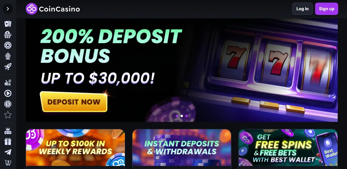CoinCasino homepage showing a deposit bonus offer and site navigation 