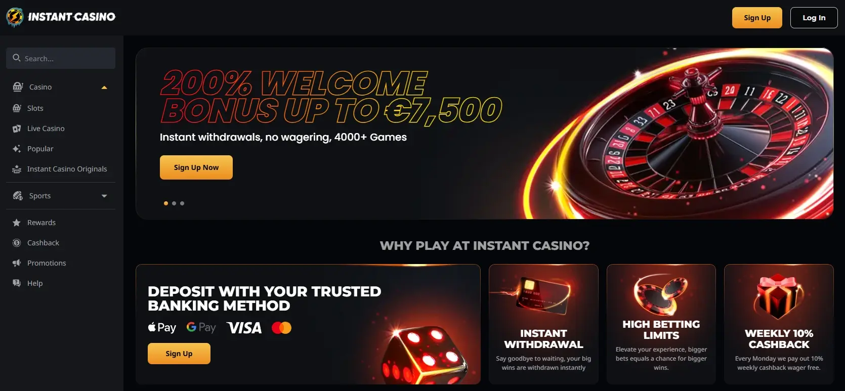 Instant Casino homepage showing a welcome bonus offer and site navigation 